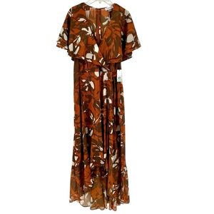 Calvin Klein Maxi Dress Faux Wrap High Low Flutter Sleeve Metallic Sz 8 NWT